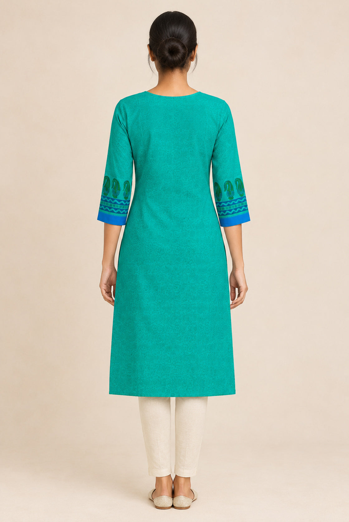 This Sea Green Cotton Kurta is crafted using Digital Print detailing, featuring Printed design across the silhouette with Round neck back image displayed on an AI model