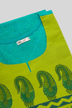 Detailed shot of This Sea Green Cotton Kurta is crafted using Digital Print detailing, featuring Printed design across the silhouette with Round neck