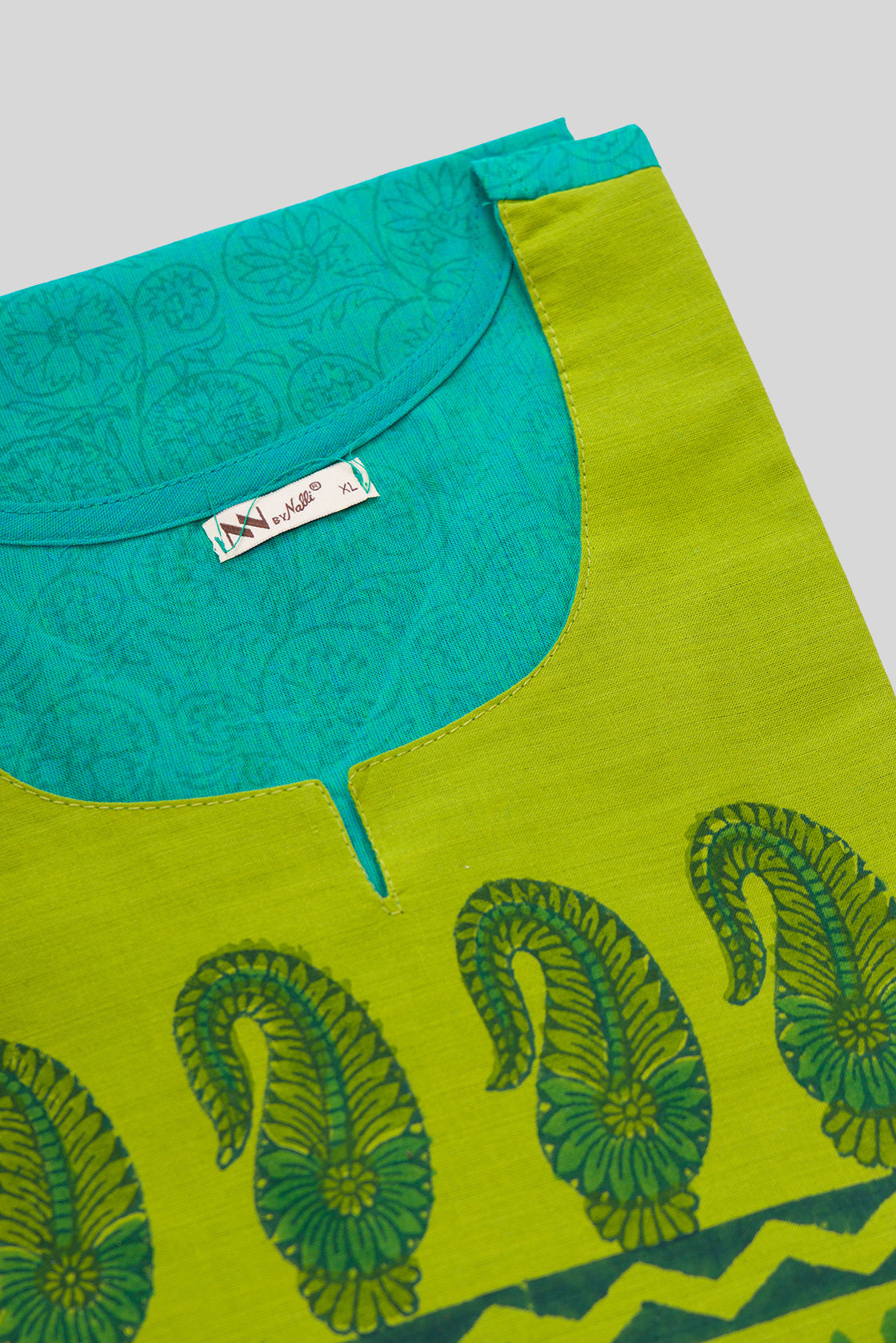 Detailed shot of This Sea Green Cotton Kurta is crafted using Digital Print detailing, featuring Printed design across the silhouette with Round neck