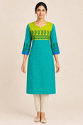 This Sea Green Cotton Kurta is crafted using Digital Print detailing, featuring Printed design across the silhouette with Round neck front image displayed on an AI model