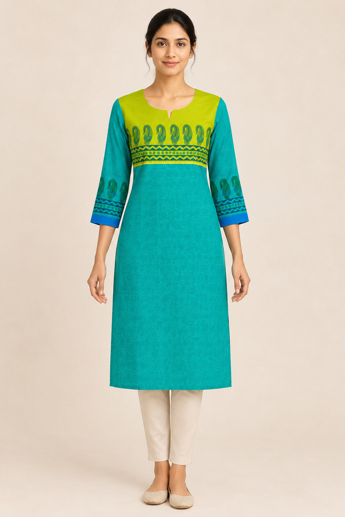 This Sea Green Cotton Kurta is crafted using Digital Print detailing, featuring Printed design across the silhouette with Round neck front image displayed on an AI model