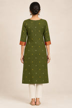 This Mehandi Green Cotton Kurta is crafted using Woven Design detailing, featuring Thread Butta design across the silhouette with Round neck back image displayed on an AI model