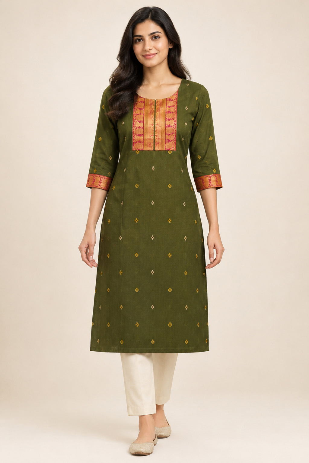 This Mehandi Green Cotton Kurta is crafted using Woven Design detailing, featuring Thread Butta design across the silhouette with Round neck front image displayed on an AI model
