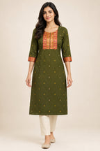 This Mehandi Green Cotton Kurta is crafted using Woven Design detailing, featuring Thread Butta design across the silhouette with Round neck front image displayed on an AI model