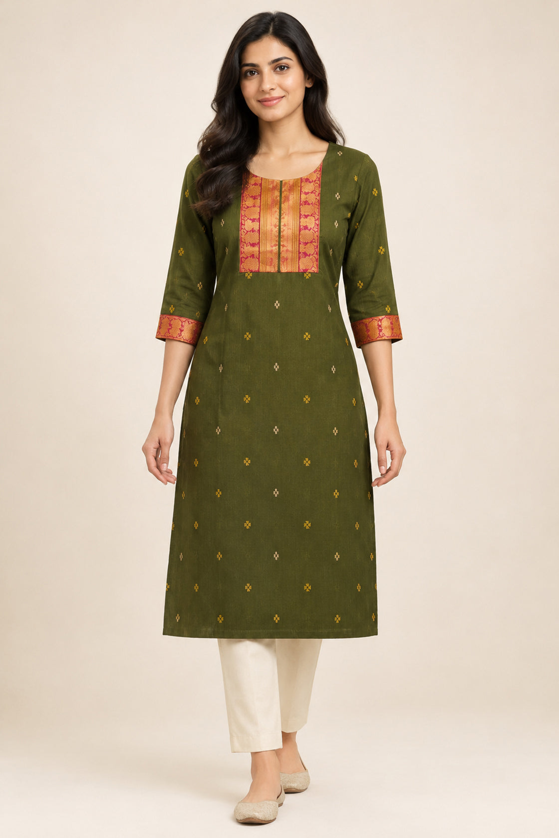 This Mehandi Green Cotton Kurta is crafted using Woven Design detailing, featuring Thread Butta design across the silhouette with Round neck front image displayed on an AI model