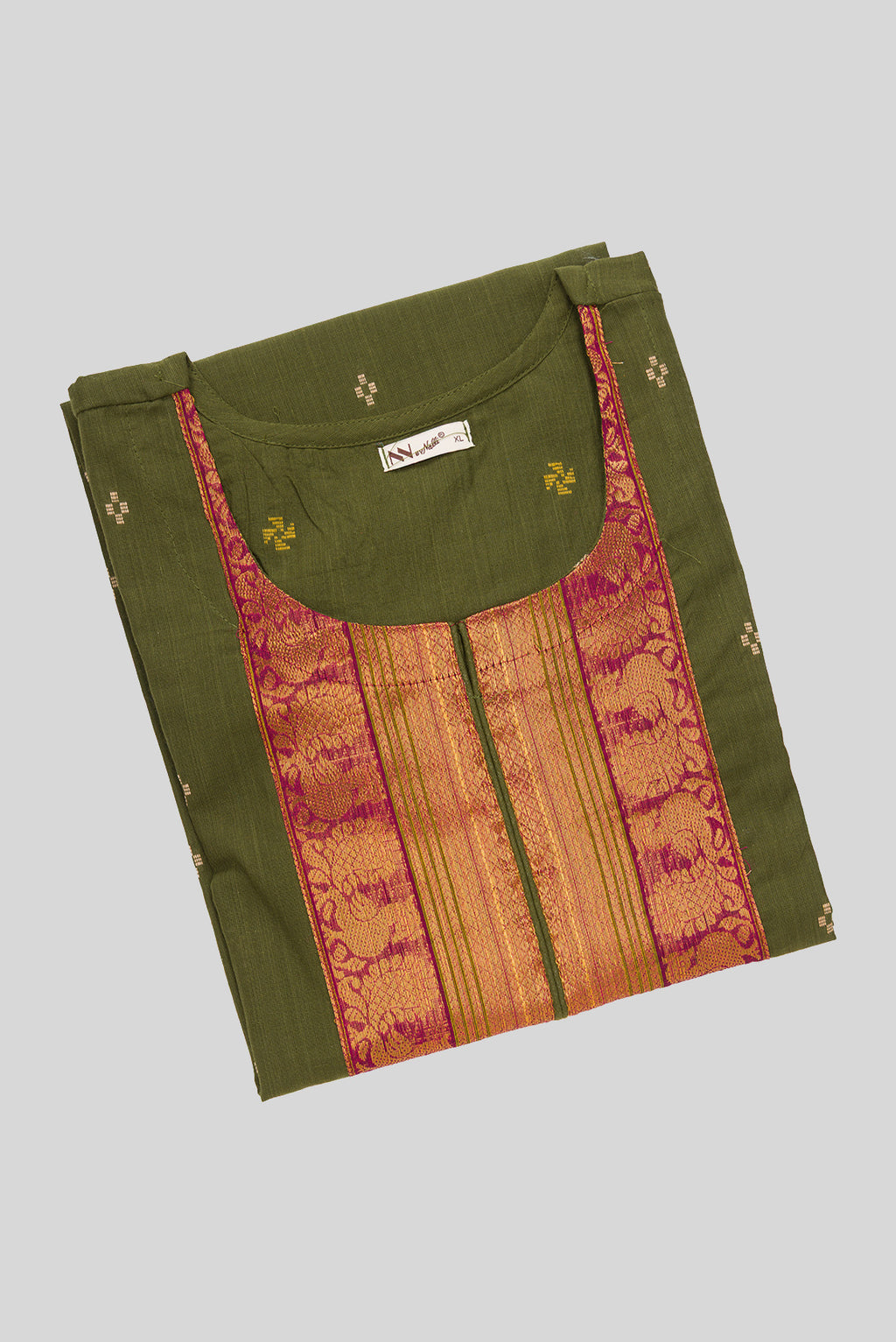 Top view of This Mehandi Green Cotton Kurta is crafted using Woven Design detailing, featuring Thread Butta design across the silhouette with Round neck
