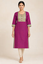 This Magenta Cotton Kurta is crafted using Plain Woven detailing, featuring Plain Body design across the silhouette with U-neck front image displayed on an AI model