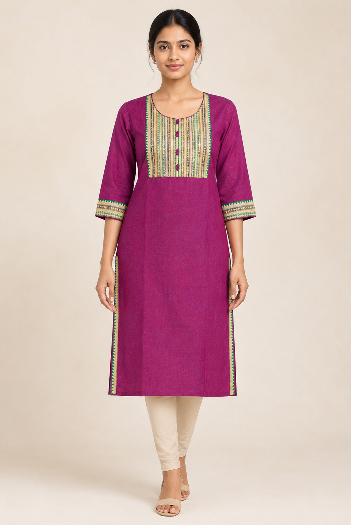 This Magenta Cotton Kurta is crafted using Plain Woven detailing, featuring Plain Body design across the silhouette with U-neck front image displayed on an AI model