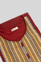 Detailed shot of This Maroon Cotton Kurta is crafted using Plain Woven detailing, featuring Plain Body design across the silhouette with U-neck