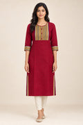 This Maroon Cotton Kurta is crafted using Plain Woven detailing, featuring Plain Body design across the silhouette with U-neck front image displayed on an AI model