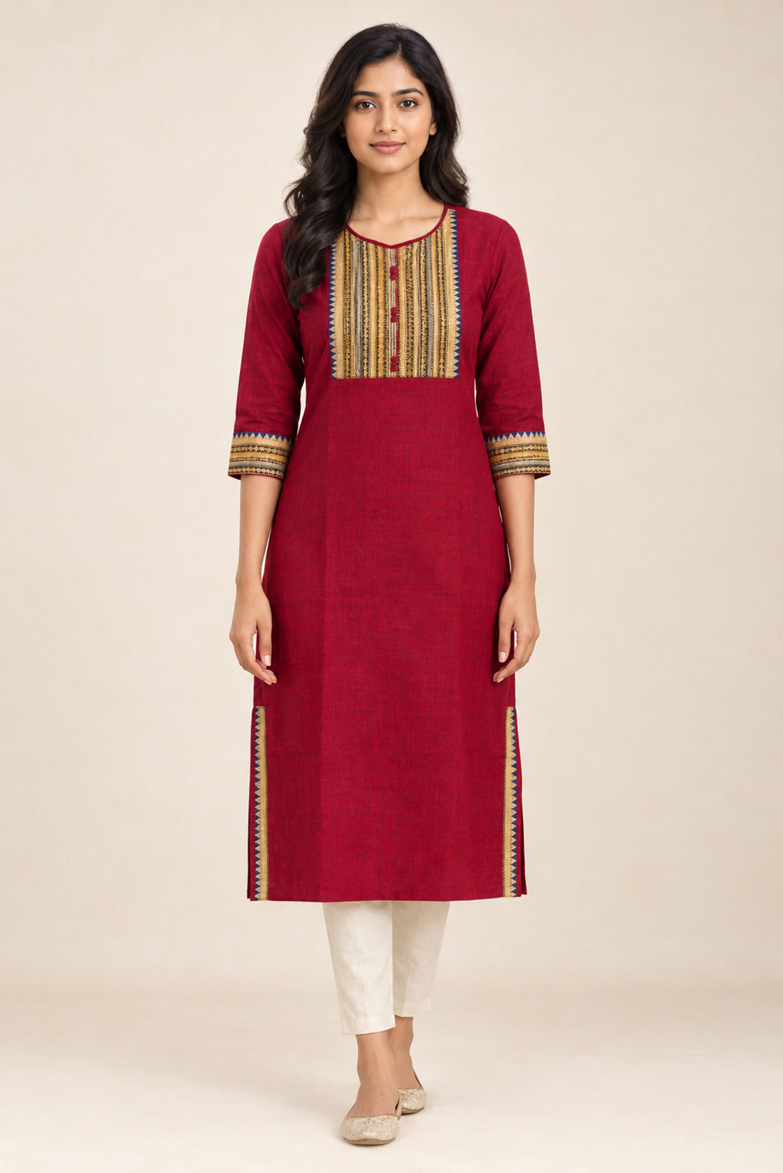 This Maroon Cotton Kurta is crafted using Plain Woven detailing, featuring Plain Body design across the silhouette with U-neck front image displayed on an AI model