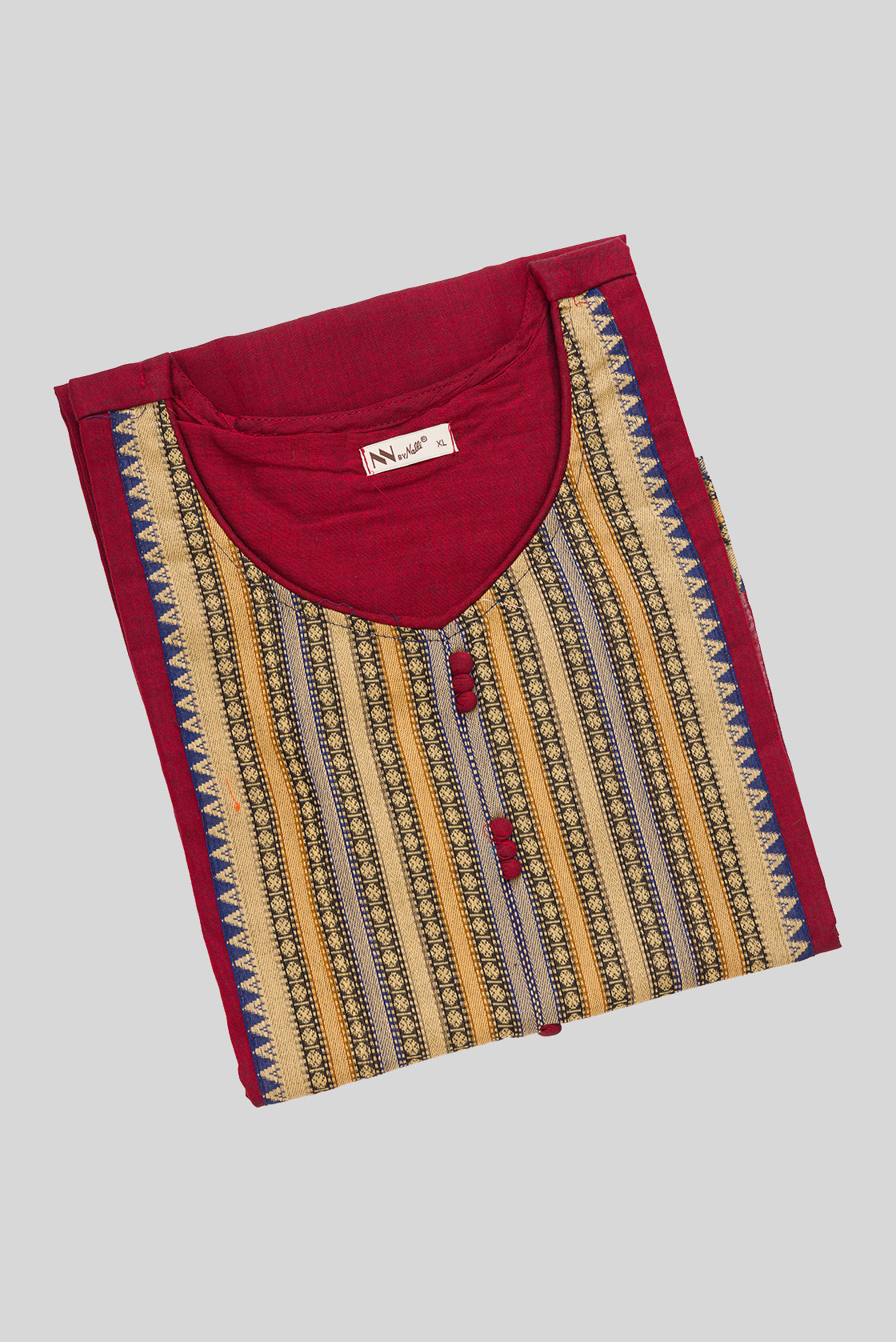 Top view of This Maroon Cotton Kurta is crafted using Plain Woven detailing, featuring Plain Body design across the silhouette with U-neck