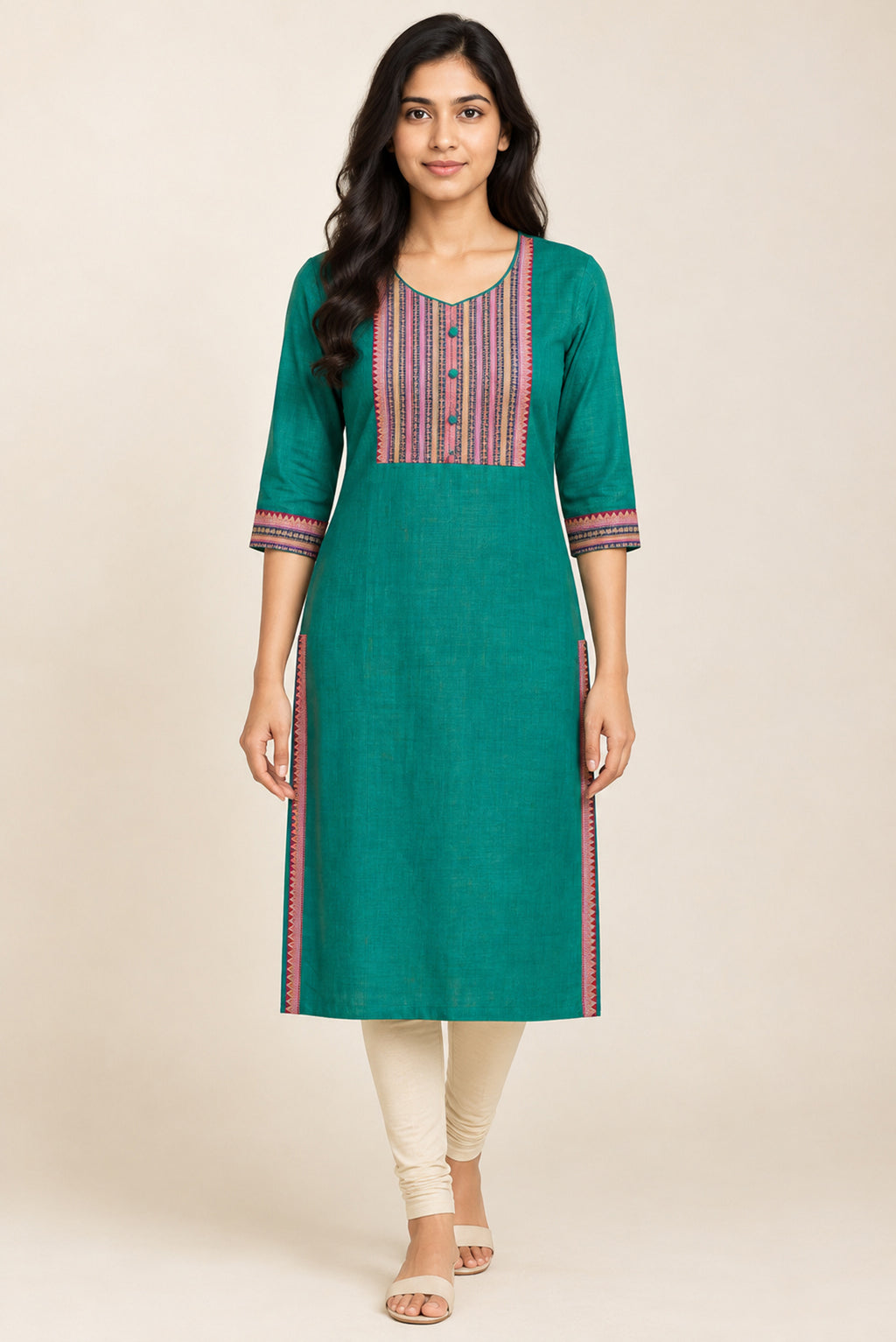 This Sea Green Cotton Kurta is crafted using Plain Woven detailing, featuring Plain Body design across the silhouette with U-neck front image displayed on an AI model