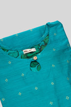 Detailed shot of This Turquoise Cotton Kurta is crafted using Woven Design detailing, featuring Thread Butta design across the silhouette with Keyhole neck