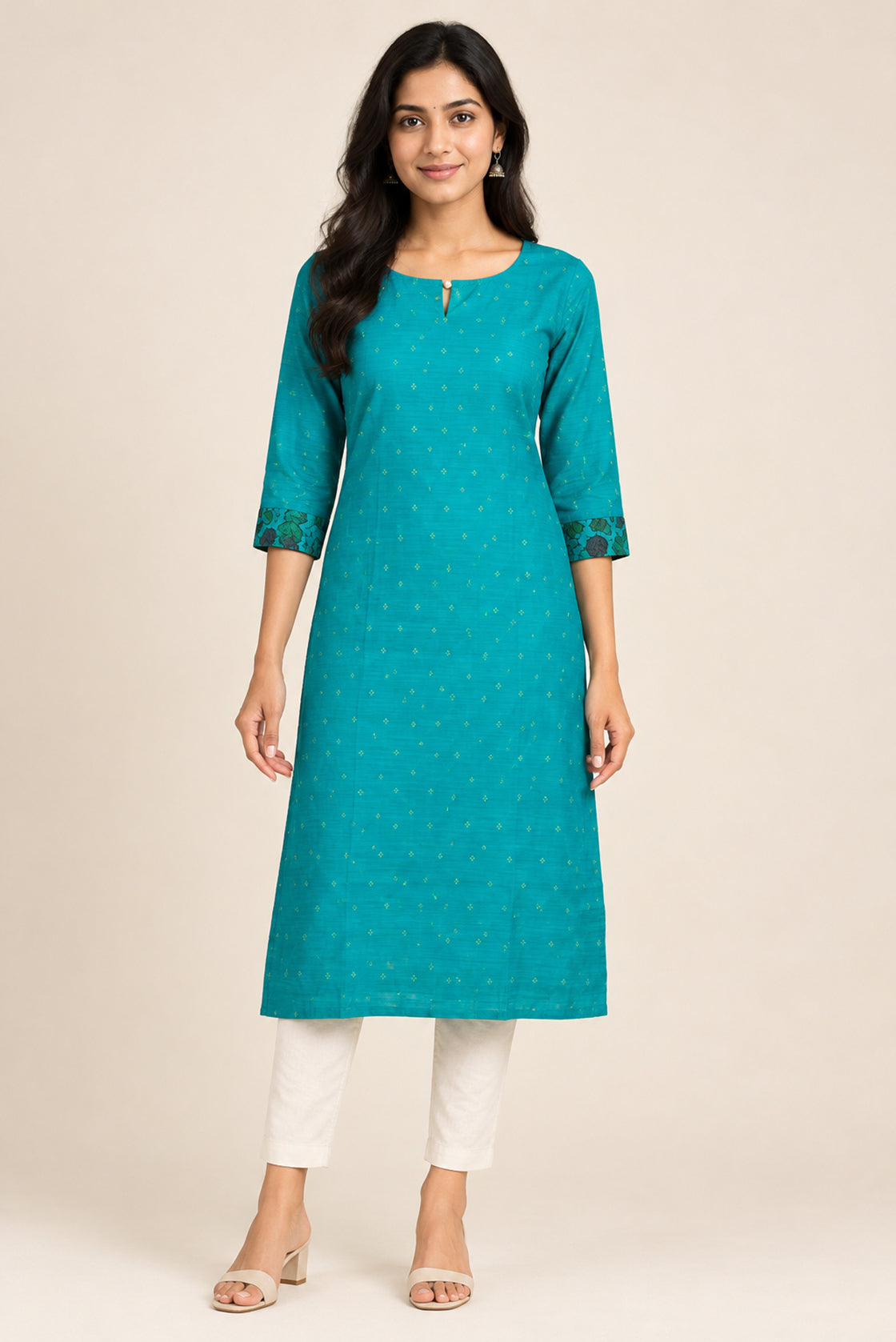 This Turquoise Cotton Kurta is crafted using Woven Design detailing, featuring Thread Butta design across the silhouette with Keyhole neck front image displayed on an AI model