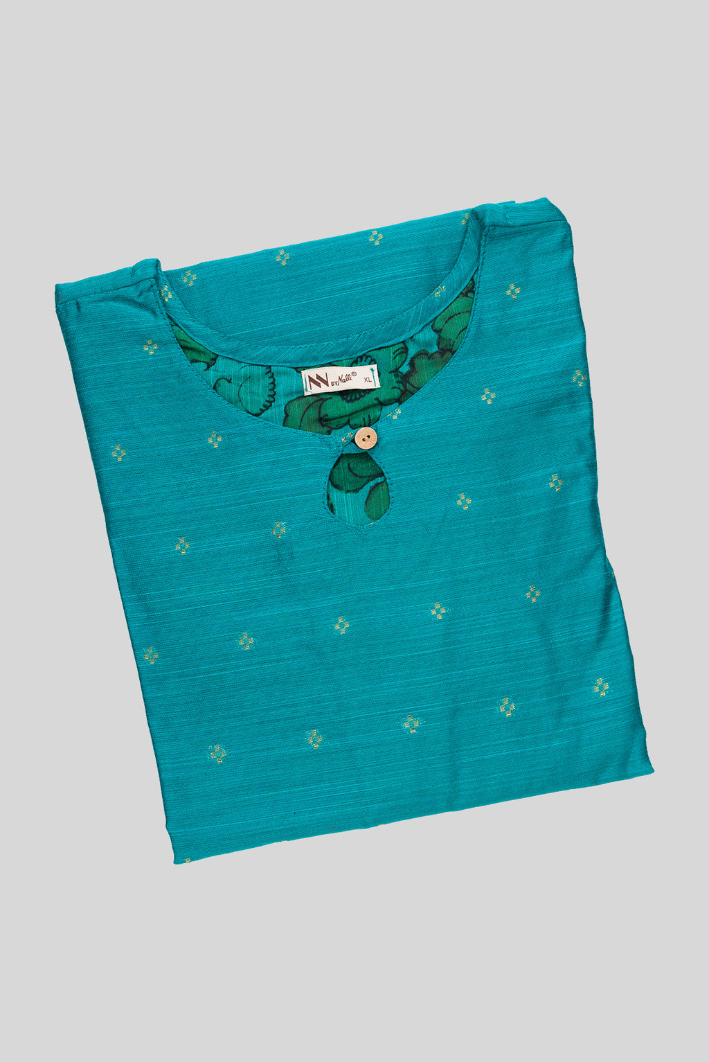 Top view of This Turquoise Cotton Kurta is crafted using Woven Design detailing, featuring Thread Butta design across the silhouette with Keyhole neck