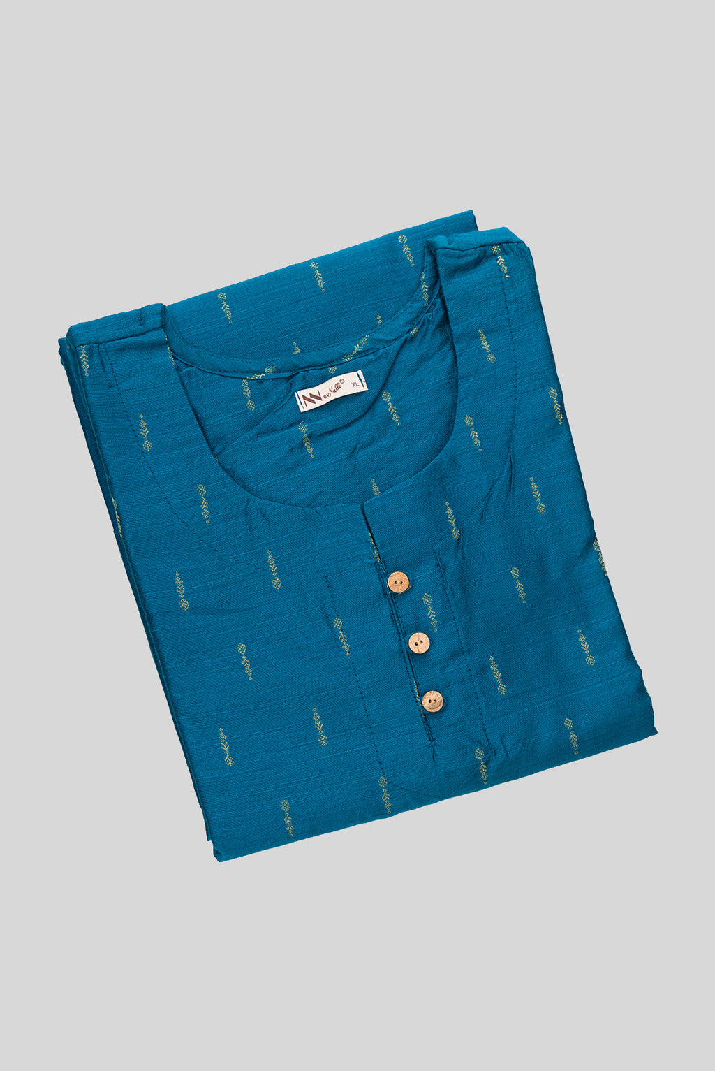 Top view of This Peacock Blue Cotton Kurta is crafted using Woven Design detailing, featuring Thread Butta design across the silhouette with Round neck