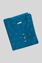 Top view of This Peacock Blue Cotton Kurta is crafted using Woven Design detailing, featuring Thread Butta design across the silhouette with Round neck