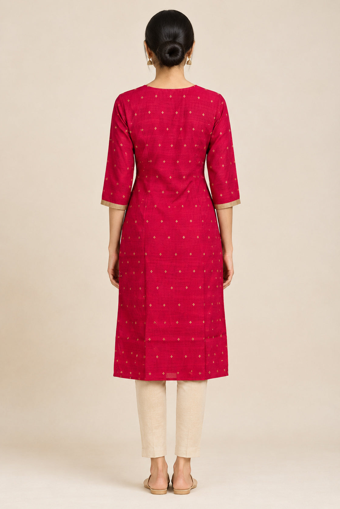 This Red Cotton Kurta is crafted using Woven Design detailing, featuring Thread Butta design across the silhouette with V-neck back image displayed on an AI model