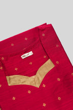 Detailed shot of This Red Cotton Kurta is crafted using Woven Design detailing, featuring Thread Butta design across the silhouette with V-neck