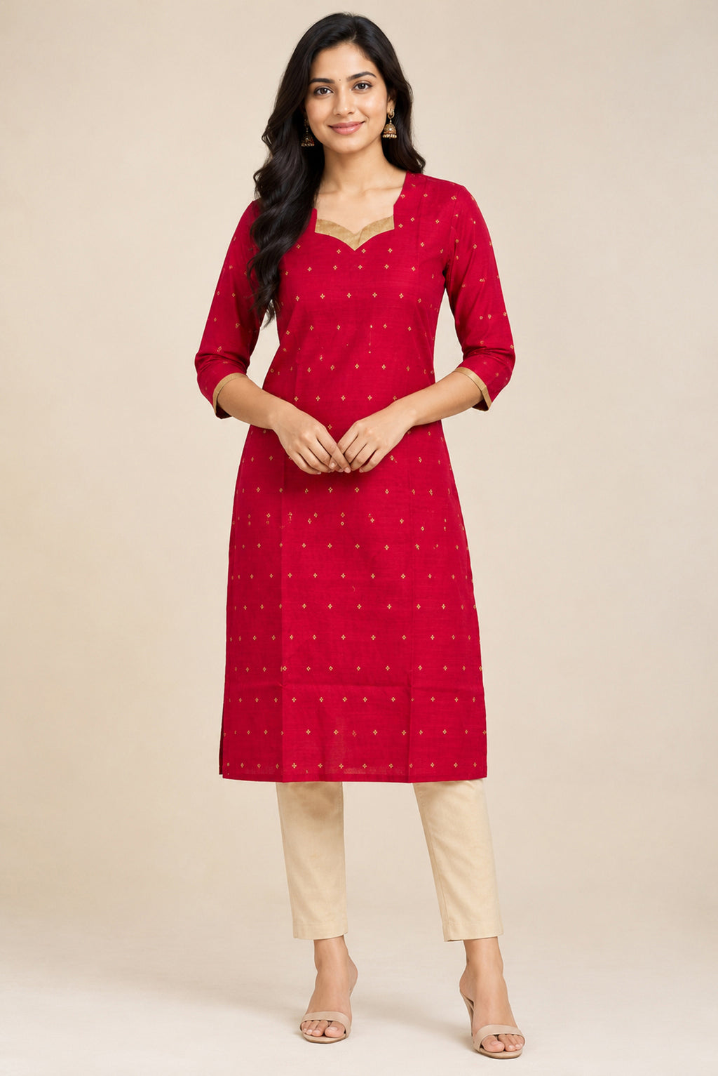This Red Cotton Kurta is crafted using Woven Design detailing, featuring Thread Butta design across the silhouette with V-neck front image displayed on an AI model