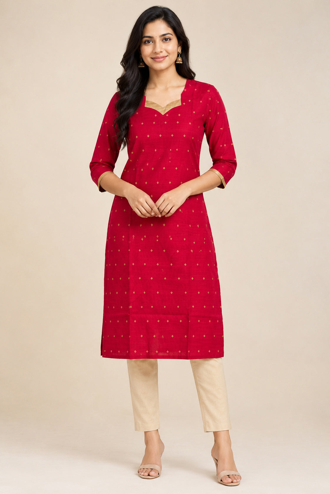 This Red Cotton Kurta is crafted using Woven Design detailing, featuring Thread Butta design across the silhouette with V-neck front image displayed on an AI model