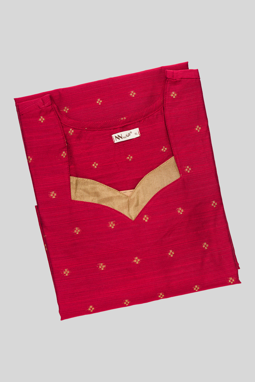 Top view of This Red Cotton Kurta is crafted using Woven Design detailing, featuring Thread Butta design across the silhouette with V-neck