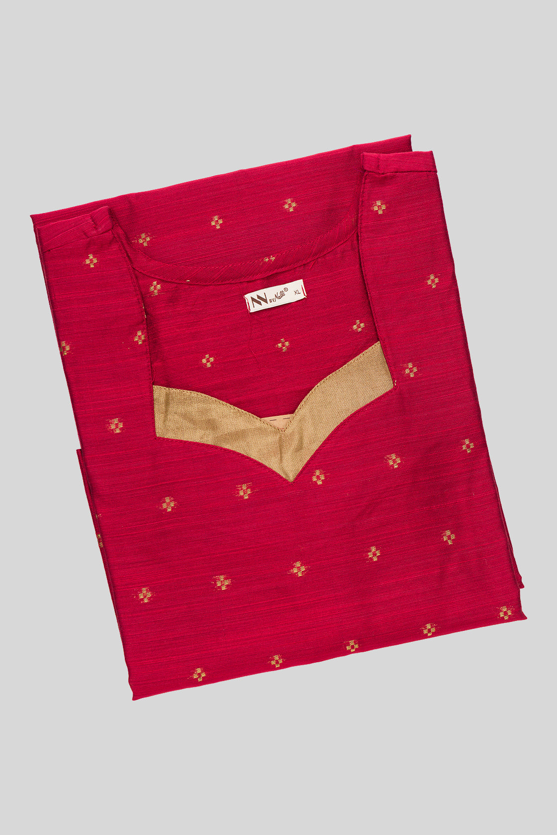 Top view of This Red Cotton Kurta is crafted using Woven Design detailing, featuring Thread Butta design across the silhouette with V-neck