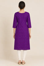 This Purple Cotton Kurta is crafted using Woven Design detailing, featuring Thread Butta design across the silhouette with Round neck back image displayed on an AI model