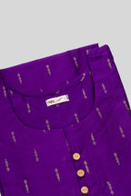 Detailed shot of This Purple Cotton Kurta is crafted using Woven Design detailing, featuring Thread Butta design across the silhouette with Round neck