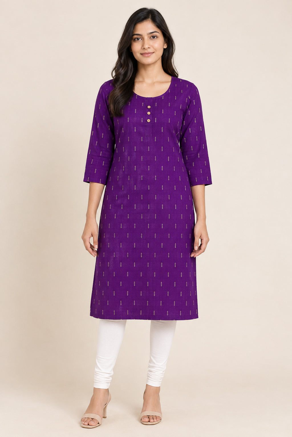 This Purple Cotton Kurta is crafted using Woven Design detailing, featuring Thread Butta design across the silhouette with Round neck front image displayed on an AI model