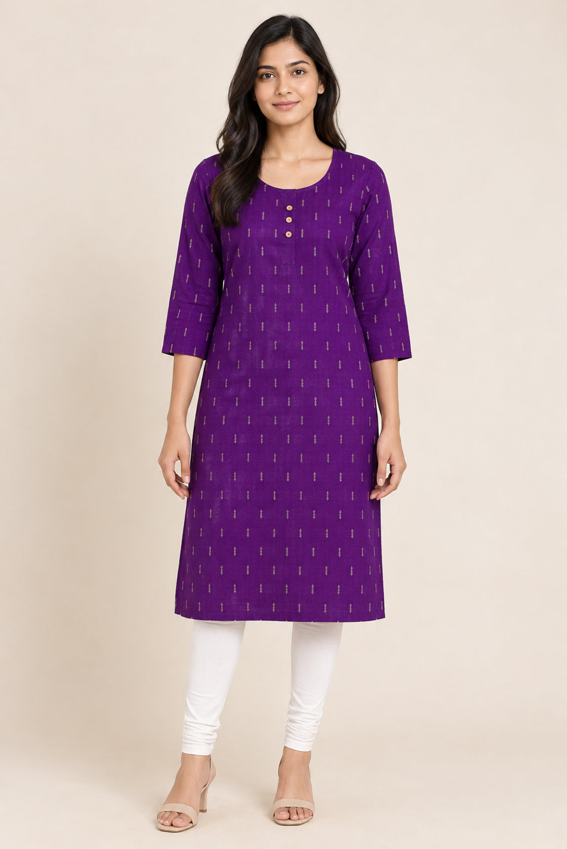 This Purple Cotton Kurta is crafted using Woven Design detailing, featuring Thread Butta design across the silhouette with Round neck front image displayed on an AI model