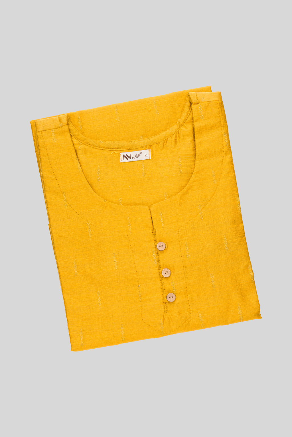 Top view of This Yellow Cotton Kurta is crafted using Woven Design detailing, featuring Thread Butta design across the silhouette with Round neck