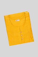 Top view of This Yellow Cotton Kurta is crafted using Woven Design detailing, featuring Thread Butta design across the silhouette with Round neck