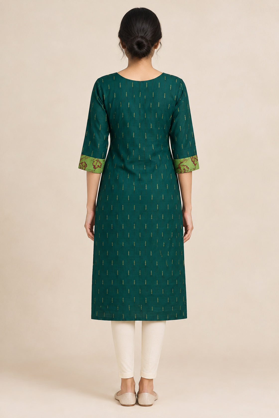This Bottle Green Cotton Kurta is crafted using Woven Design detailing, featuring Thread Butta design across the silhouette with Keyhole neck back image displayed on an AI model