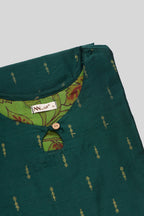 Detailed shot of This Bottle Green Cotton Kurta is crafted using Woven Design detailing, featuring Thread Butta design across the silhouette with Keyhole neck