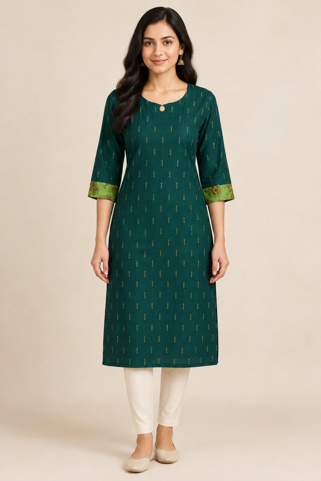 This Bottle Green Cotton Kurta is crafted using Woven Design detailing, featuring Thread Butta design across the silhouette with Keyhole neck front image displayed on an AI model