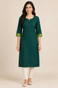 This Bottle Green Cotton Kurta is crafted using Woven Design detailing, featuring Thread Butta design across the silhouette with Keyhole neck front image displayed on an AI model