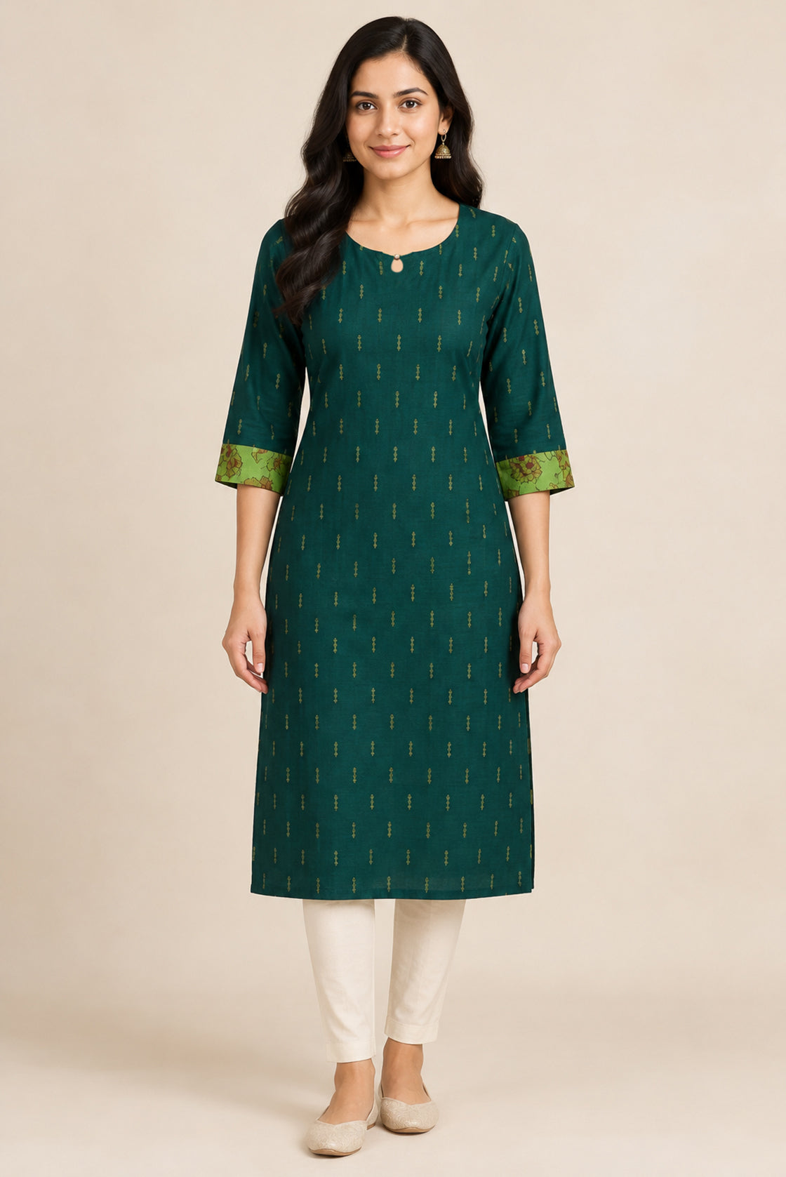 This Bottle Green Cotton Kurta is crafted using Woven Design detailing, featuring Thread Butta design across the silhouette with Keyhole neck front image displayed on an AI model