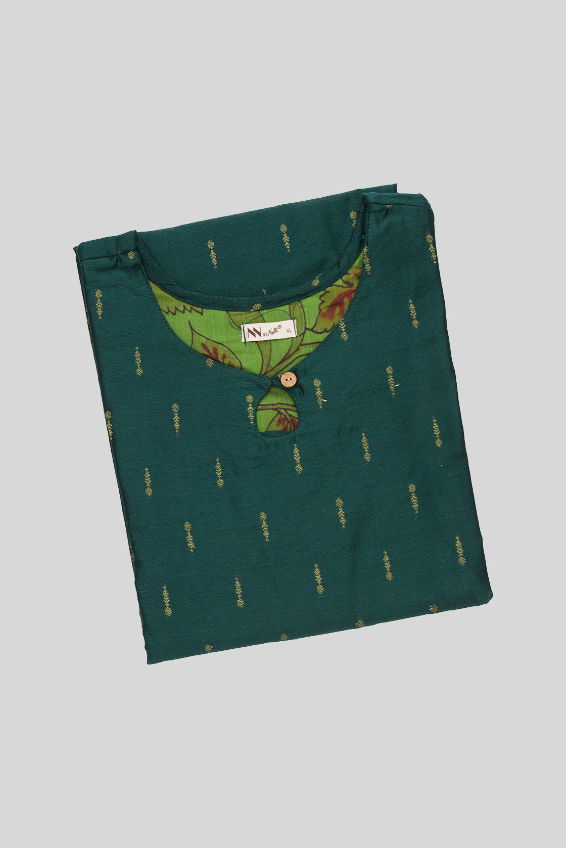 Top view of This Bottle Green Cotton Kurta is crafted using Woven Design detailing, featuring Thread Butta design across the silhouette with Keyhole neck