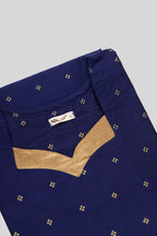 Detailed shot of This Navy Blue Cotton Kurta is crafted using Woven Design detailing, featuring Thread Butta design across the silhouette with V-neck