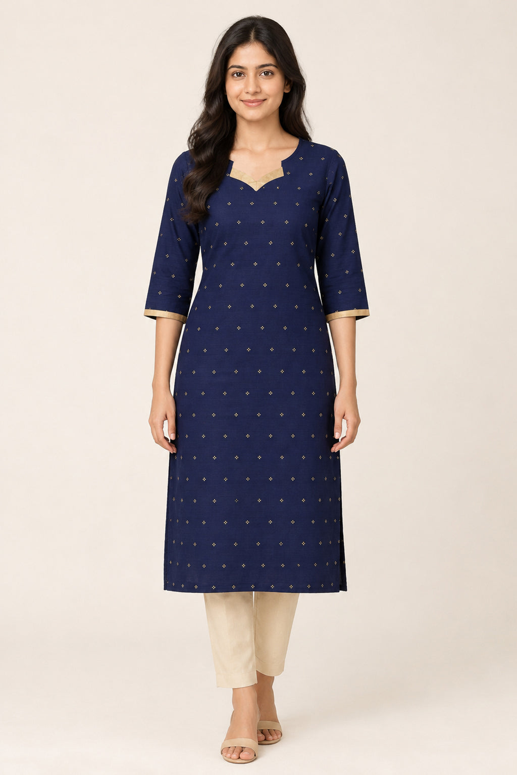 This Navy Blue Cotton Kurta is crafted using Woven Design detailing, featuring Thread Butta design across the silhouette with V-neck front image displayed on an AI model