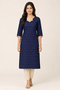 This Navy Blue Cotton Kurta is crafted using Woven Design detailing, featuring Thread Butta design across the silhouette with V-neck front image displayed on an AI model