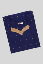 Top view of This Navy Blue Cotton Kurta is crafted using Woven Design detailing, featuring Thread Butta design across the silhouette with V-neck