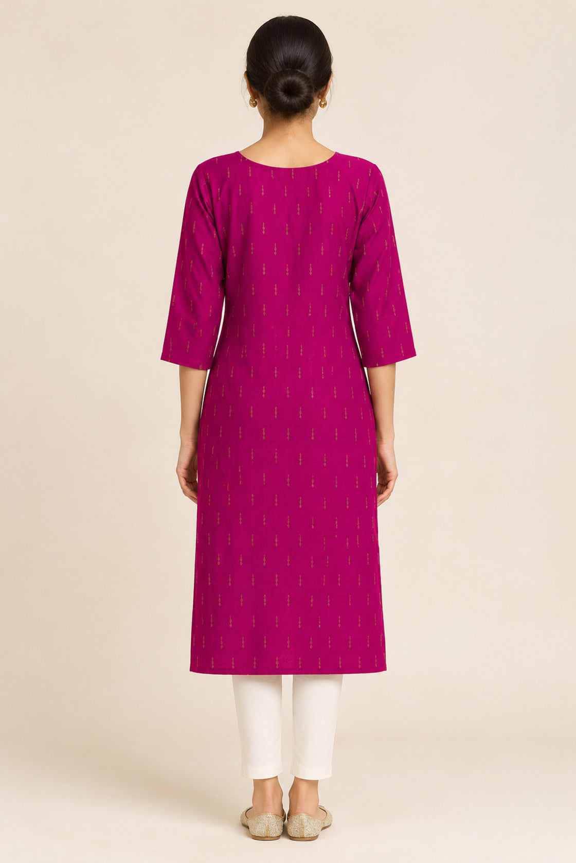 This Dark Pink Cotton Kurta is crafted using Woven Design detailing, featuring Thread Butta design across the silhouette with Round neck back image displayed on an AI model