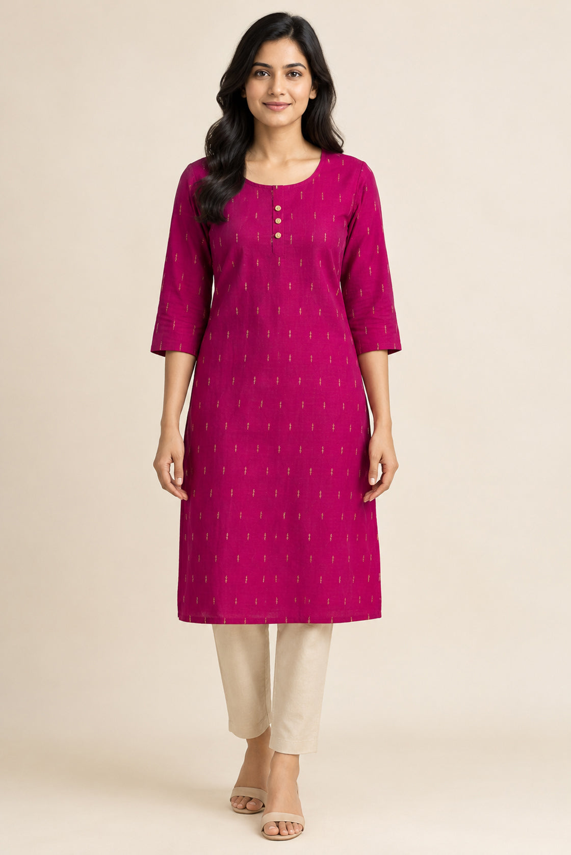 This Dark Pink Cotton Kurta is crafted using Woven Design detailing, featuring Thread Butta design across the silhouette with Round neck front image displayed on an AI model