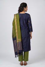 Navy Blue Pure Silk Womens Kurta set featuring Zari Butta Kurta paired with Mehandi Green Plain Body bottom and a Zari Butta dupatta in Mehandi Green back image displayed on an AI model