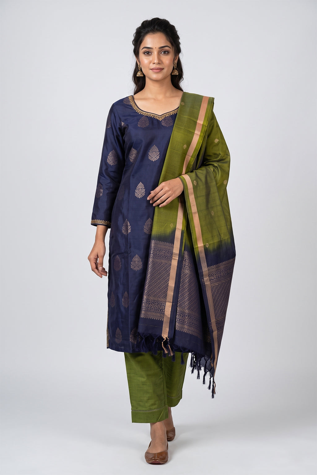 Navy Blue Pure Silk Womens Kurta set featuring Zari Butta Kurta paired with Mehandi Green Plain Body bottom and a Zari Butta dupatta in Mehandi Green