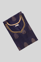 Top view of Navy Blue Pure Silk Womens Kurta set featuring Zari Butta Kurta paired with Mehandi Green Plain Body bottom and a Zari Butta dupatta in Mehandi Green