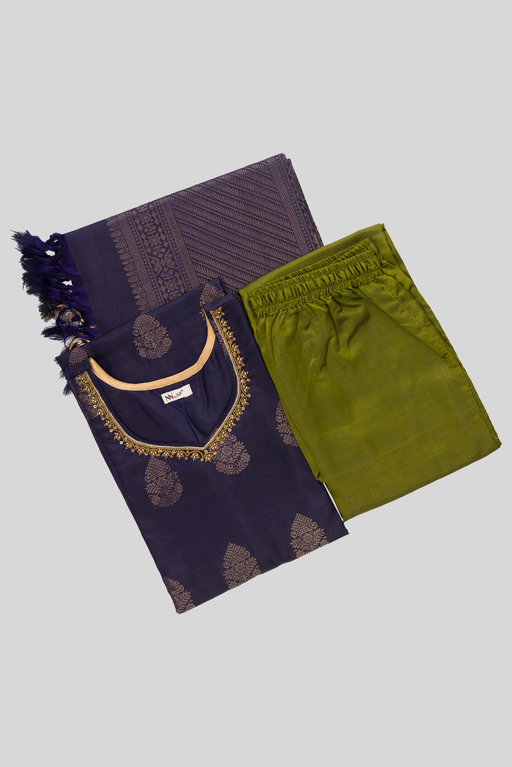 Flat lay of Navy Blue Pure Silk Womens Kurta set featuring Zari Butta Kurta paired with Mehandi Green Plain Body bottom and a Zari Butta dupatta in Mehandi Green